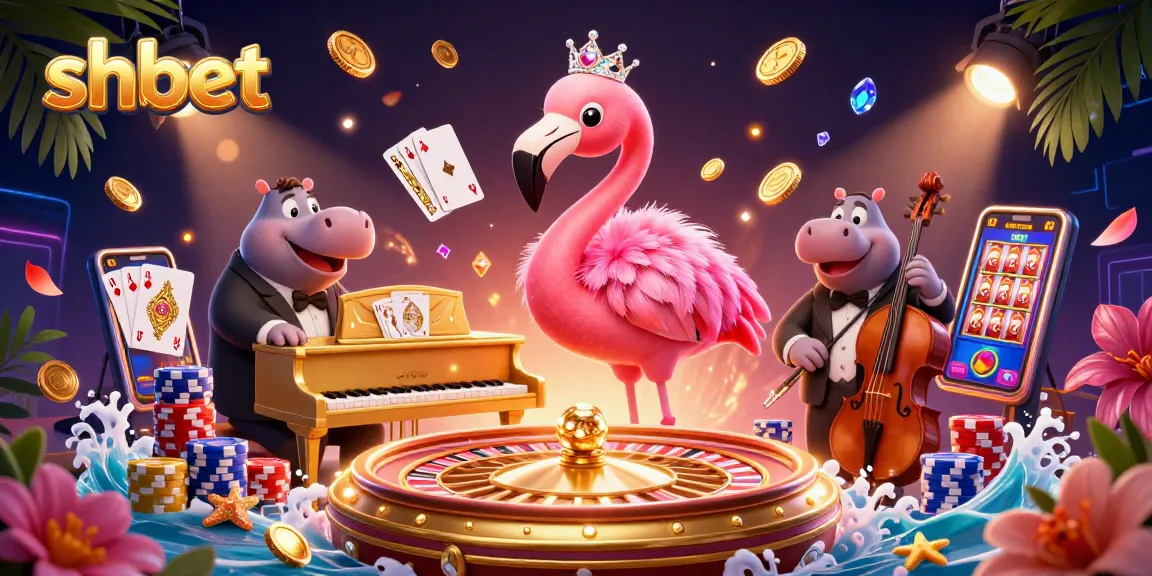Experience shbet's vibrant casino scene with a flamingo singer and hippo bassist in action.