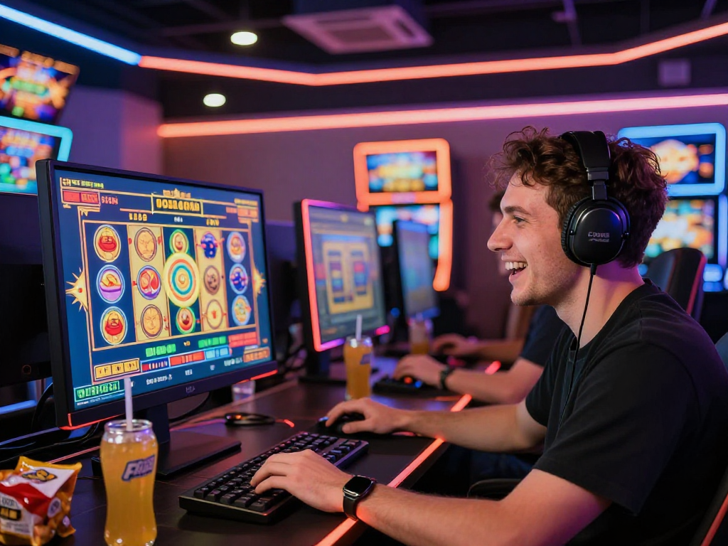 Excited player enjoying agen gacor online slots with vibrant graphics and energy drinks nearby.