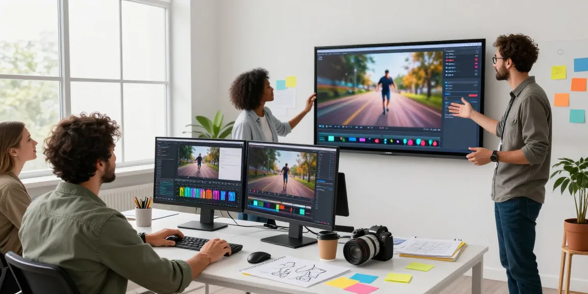 Team using seedance 2.0 for collaborative AI video creation in a bright modern studio.
