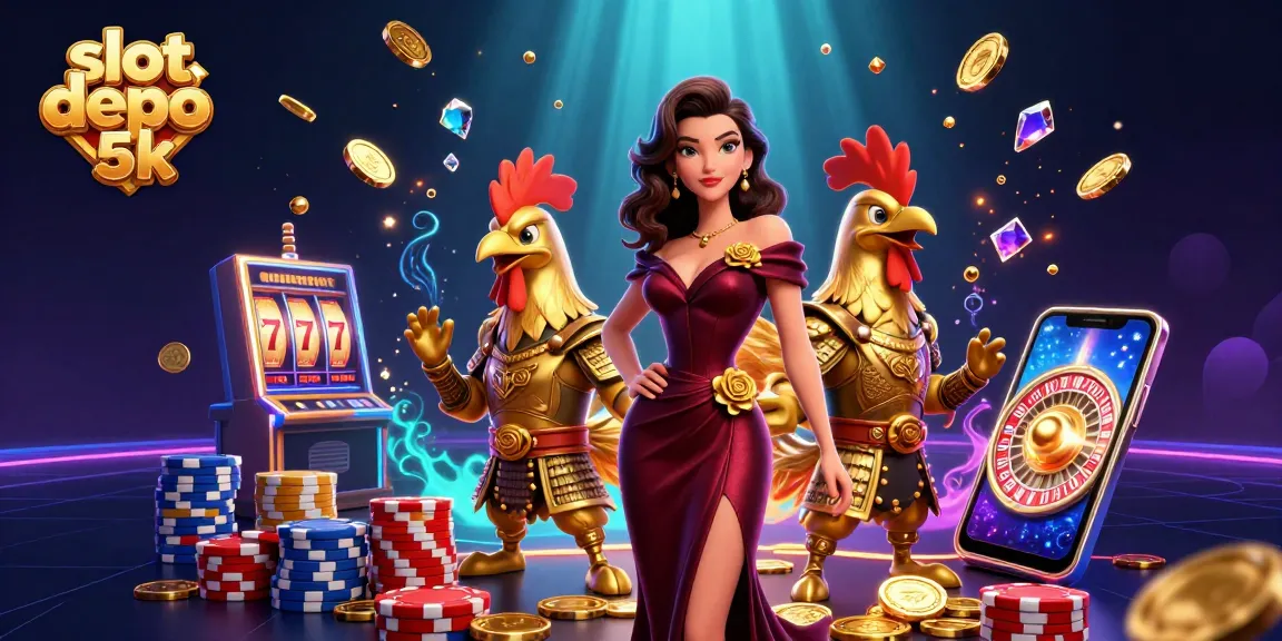 Experience the excitement of slot depo 5k with a glamorous scene filled with golden coins and lucky symbols.