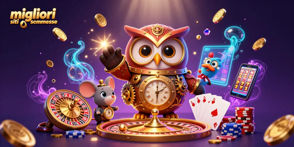 Scopri i migliori siti scommesse, con un gufo viaggiatore e un mouse in un'illustrazione vivace di un casinò.