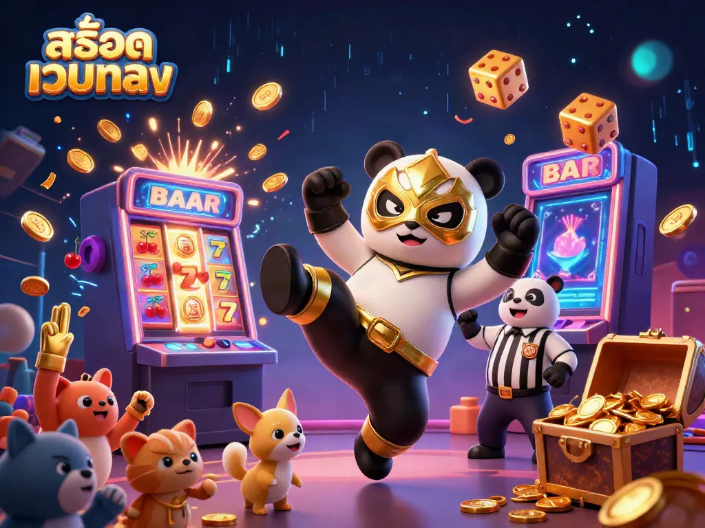Engage with thrilling สล็อตเว็บตรง gaming as a cartoon panda wrestler soars through a jackpot explosion.