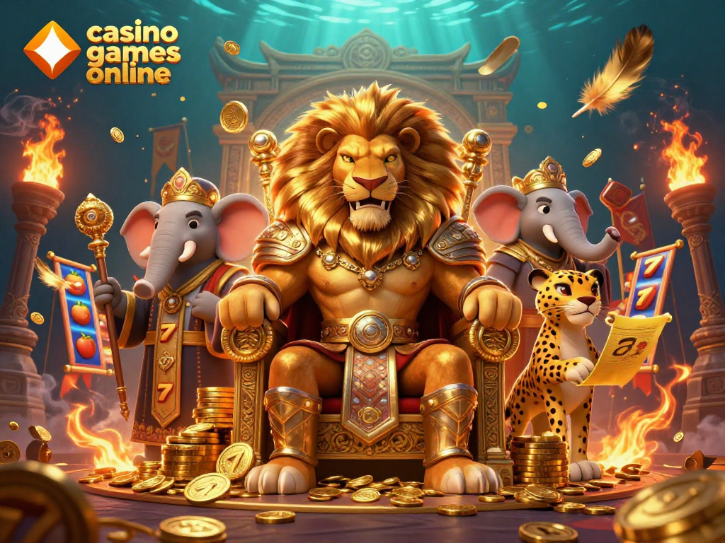 Experience thrilling casino games online with a regal lion, wise elephant, and swift cheetah amidst a vibrant gaming backdrop.